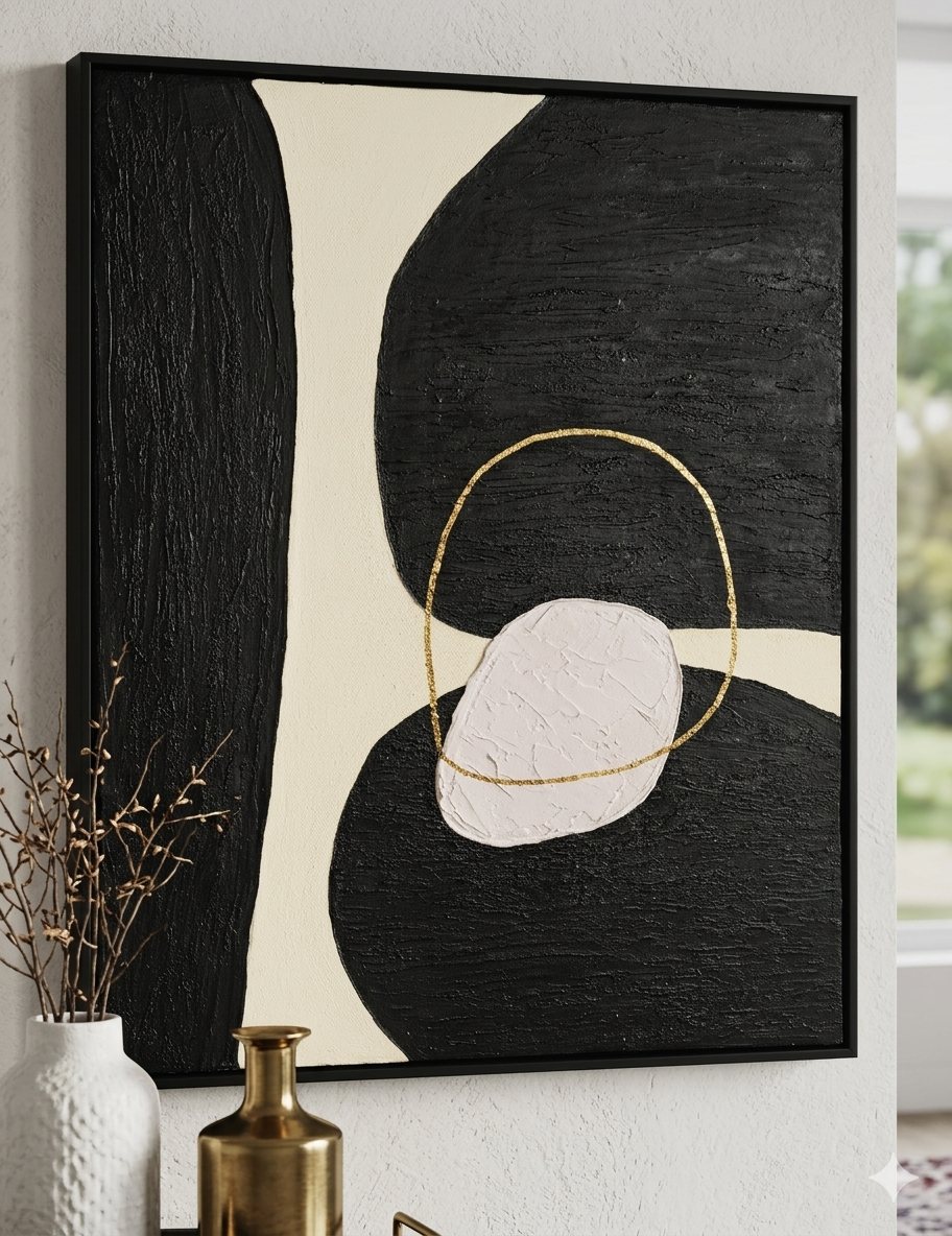 Tableau Texturé Noir Beige Or - Relief Organique - 40x50 cm - Feuille d'Or