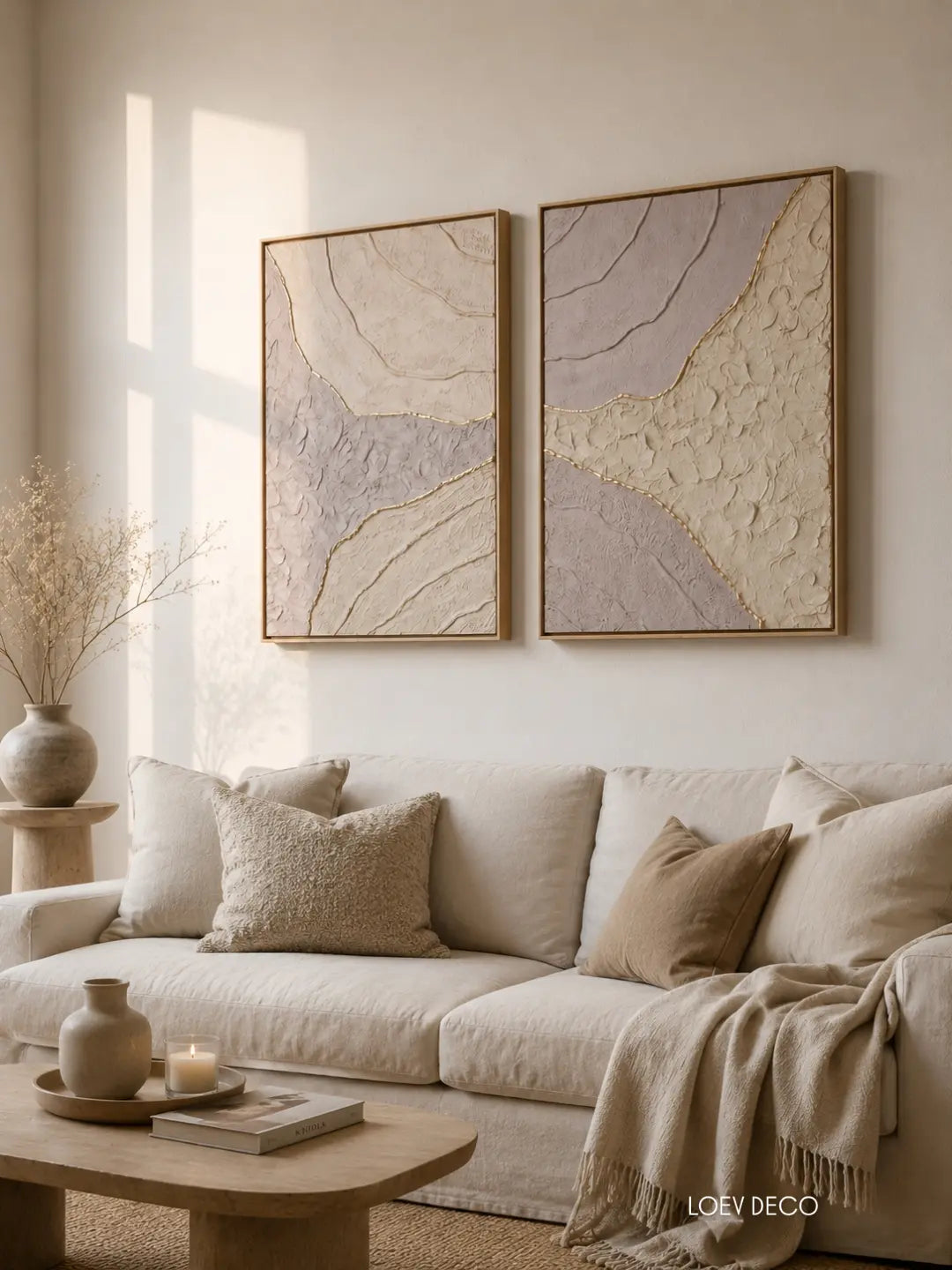 tableaux dyptique beige or relief feuille d'or art mural 40x50cm décoration élégante