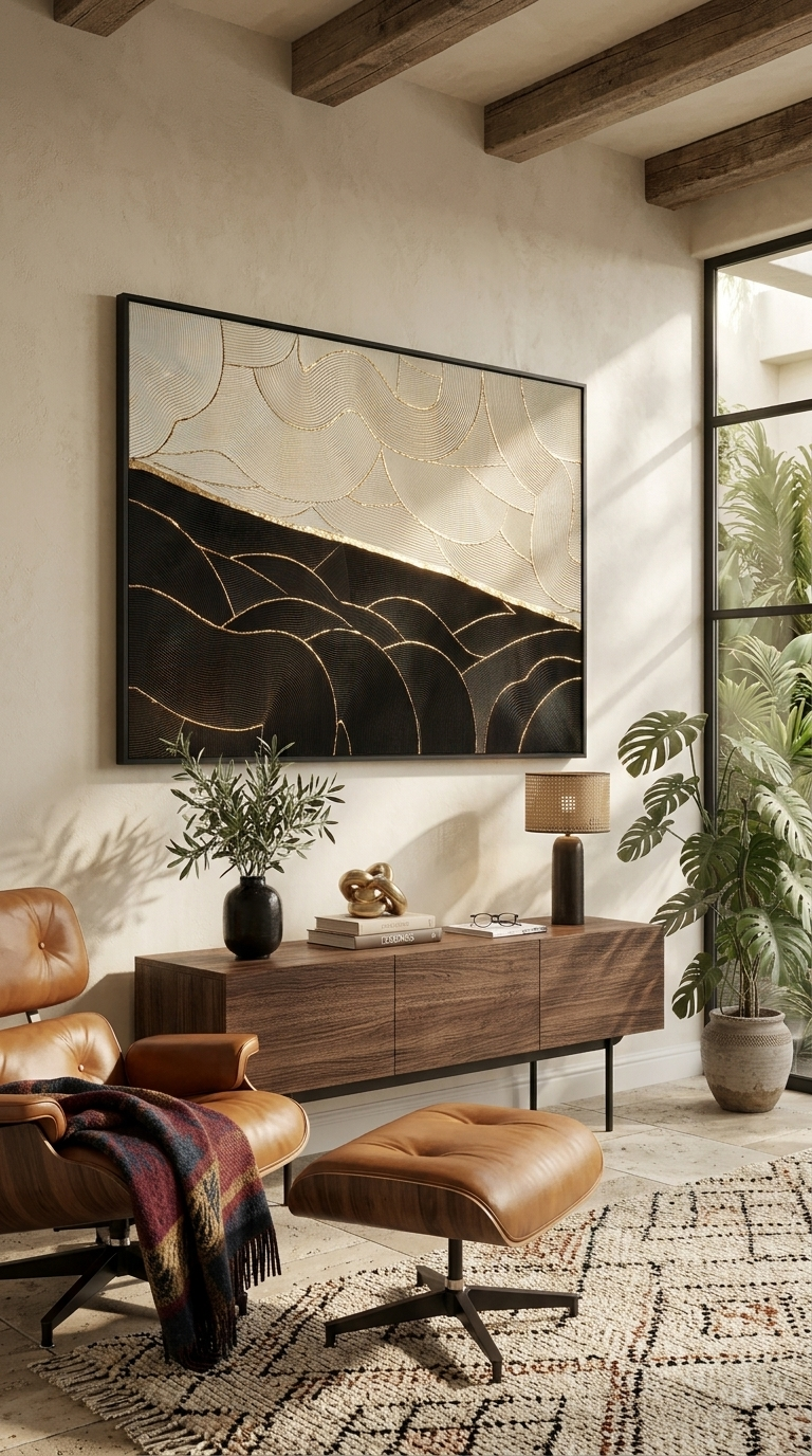 Oeuvre murale fait main en relief texturé LOEV DECO intérieur design architecte