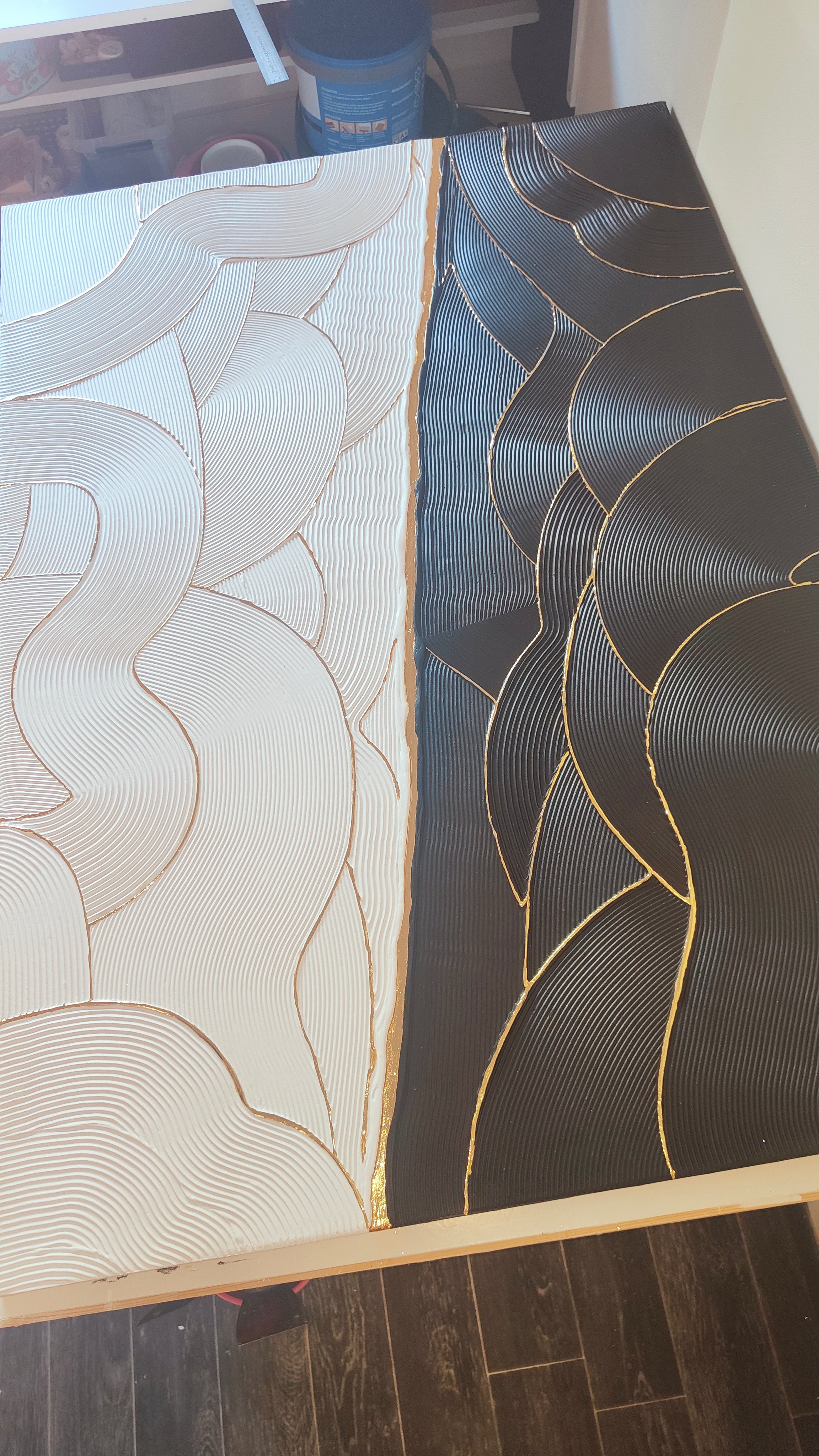 Tableau XXL Texturé Blanc Noir Feuille d'Or 116x81 cm | LOEV DECO