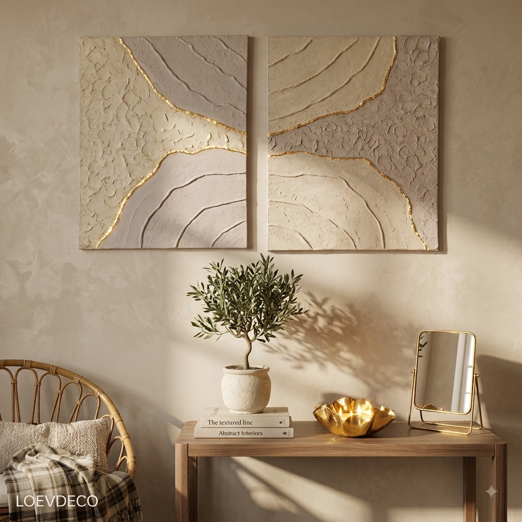 Dyptique en relief Texturé sans encadrement, beige et feuille d'or, art mural moderne