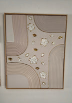Tableau Texturé Beige Or - Arches Fleurs Relief - 40x50 cm - Cadre Inclus
