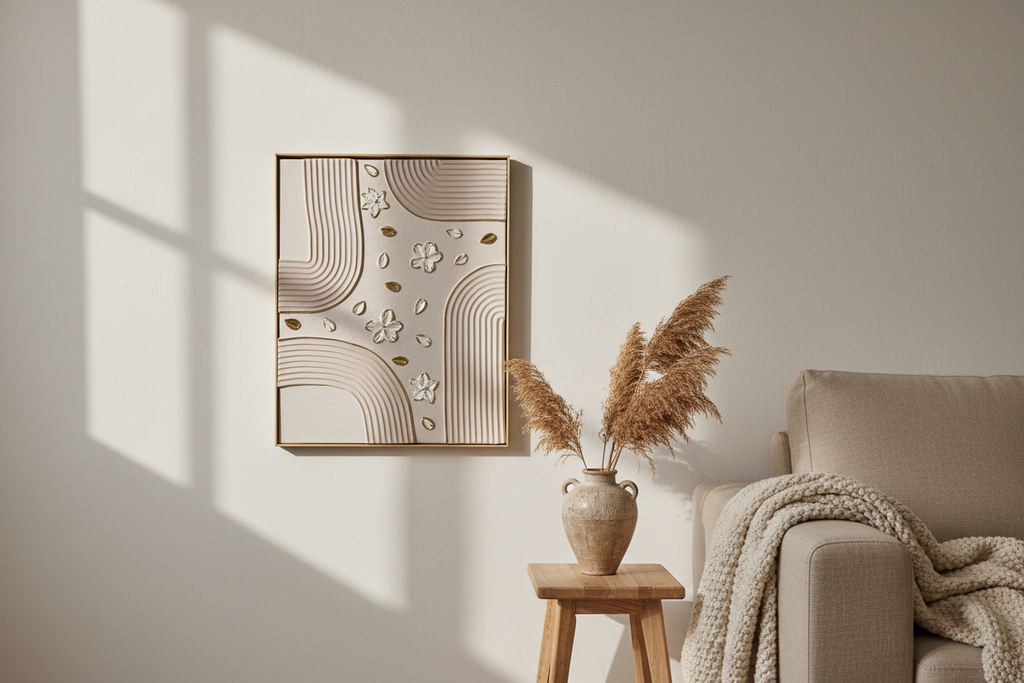 Tableau Texturé Beige Or - Arches Fleurs Relief - 40x50 cm - Cadre Inclus