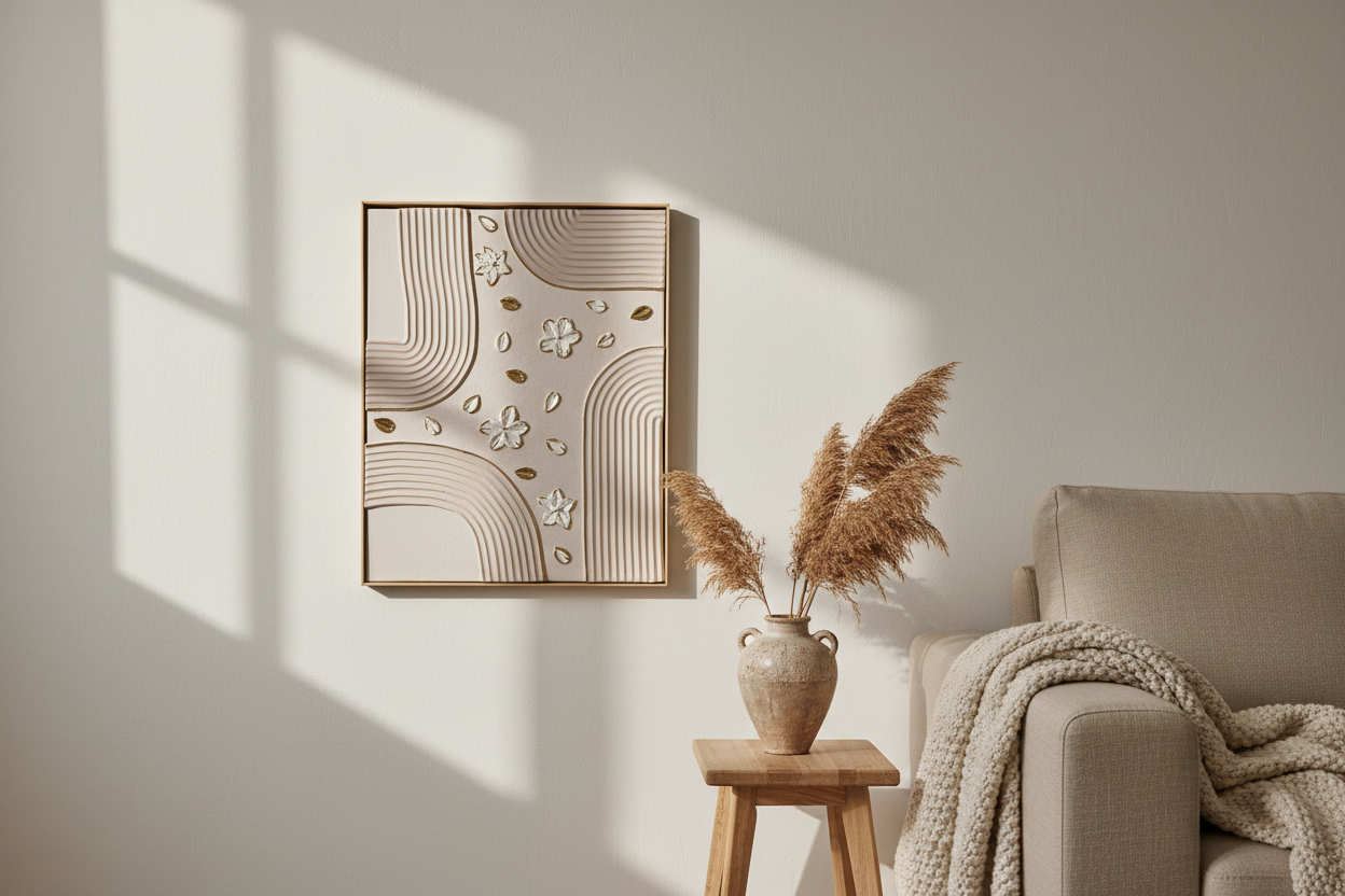Tableau Texturé Beige Or - Arches Fleurs Relief - 40x50 cm - Cadre Inclus