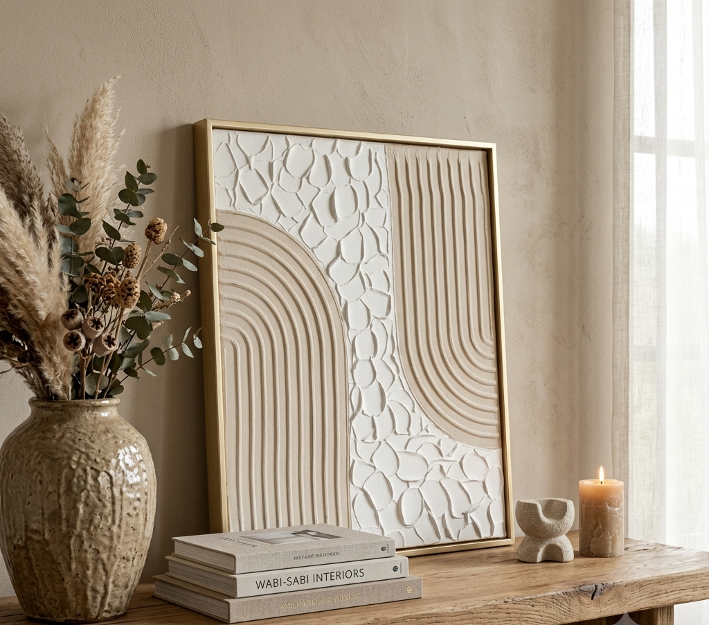 Art mural texturé arches beige blanc relief minimaliste 24x30cm encadré France