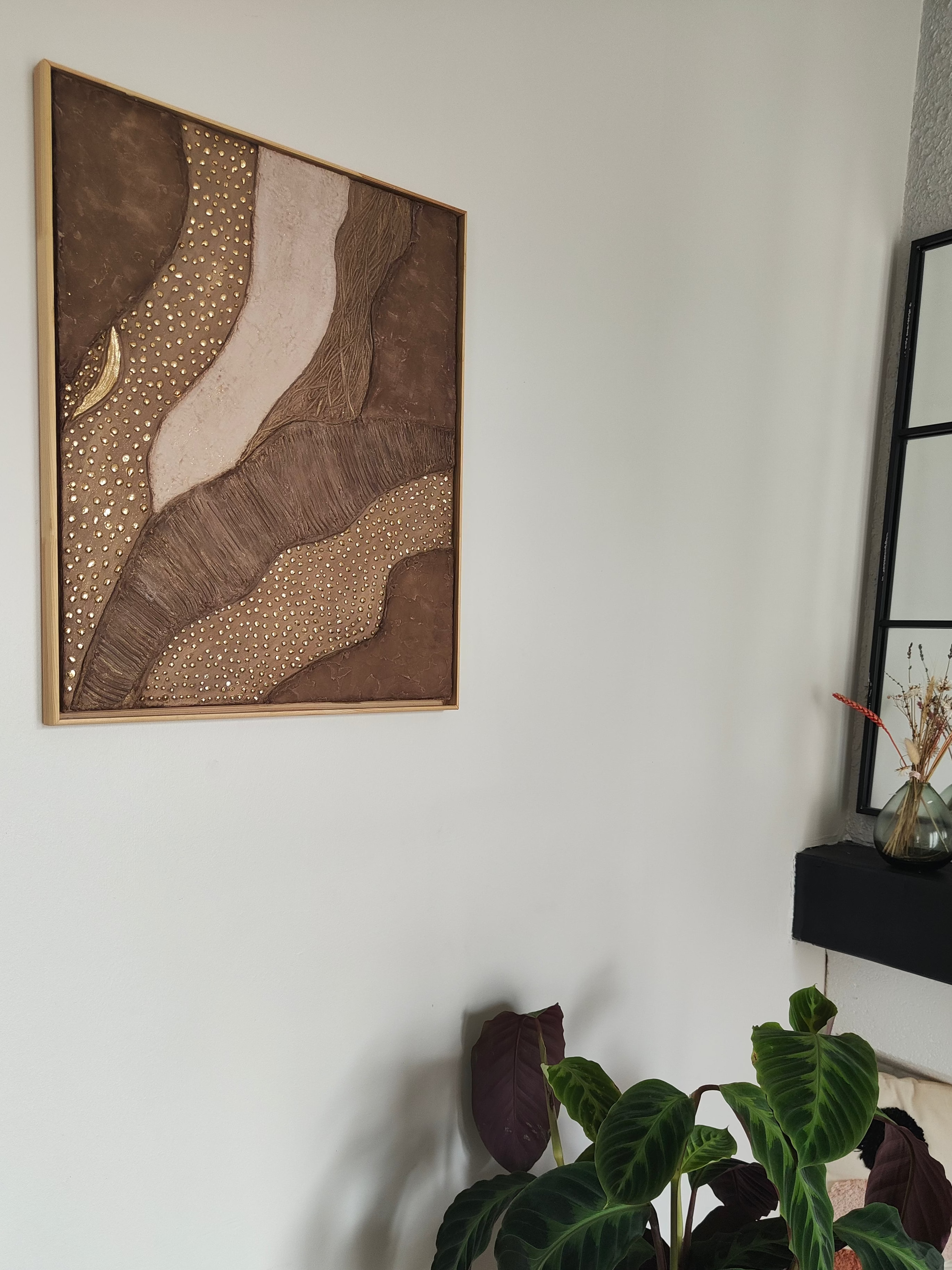 Tableau texturé brou de noix or relief 40x50 cm - Art mural moderne élégant cadre sur mesure inclus - Décoration murale artisanale
