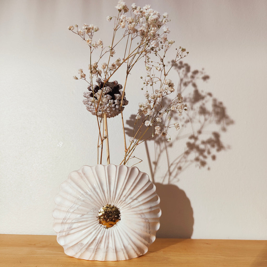 Vase Fleur Céramique Feuille d'Or - Design Texturé Artisanal LOEV