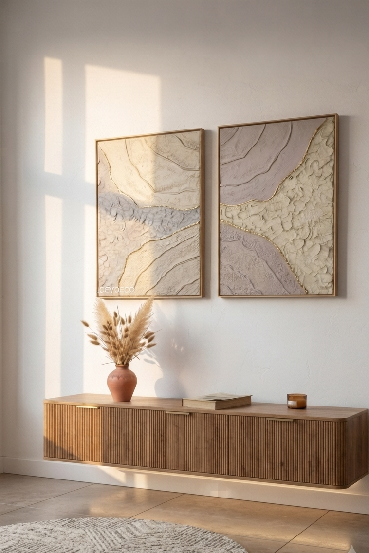 2 tableaux texturés beige or relief fait main France 40x50cm cadre inclus LOEV