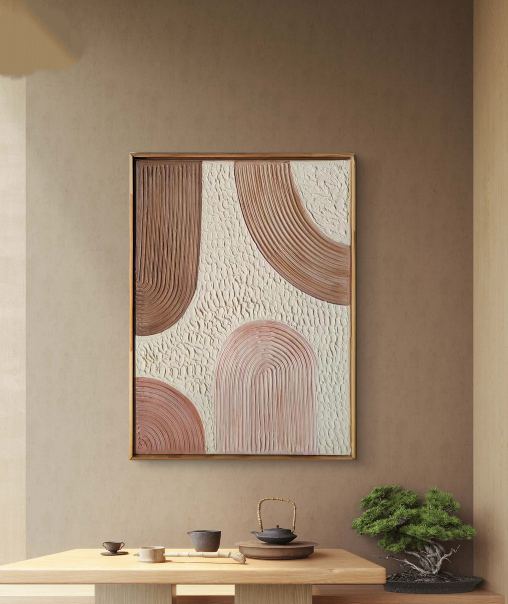 Tableau Texturé Arches Rose Beige Blanc - Relief Lignes - 30x40 cm - Cadre Sur Mesure Inclus