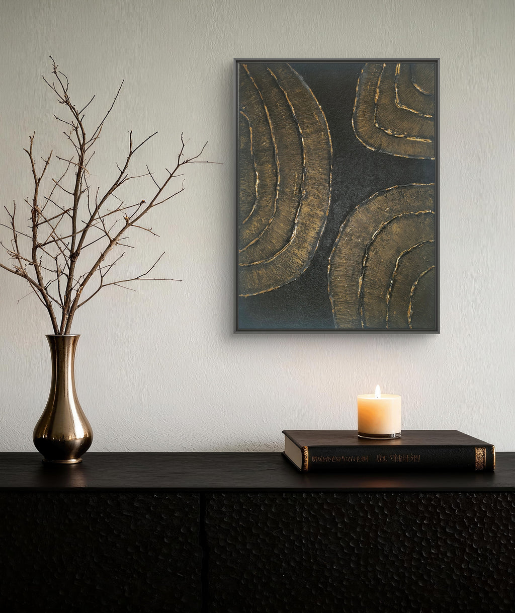 Tableau texturé noir or détail relief plâtre feuille d'or véritable LOEV