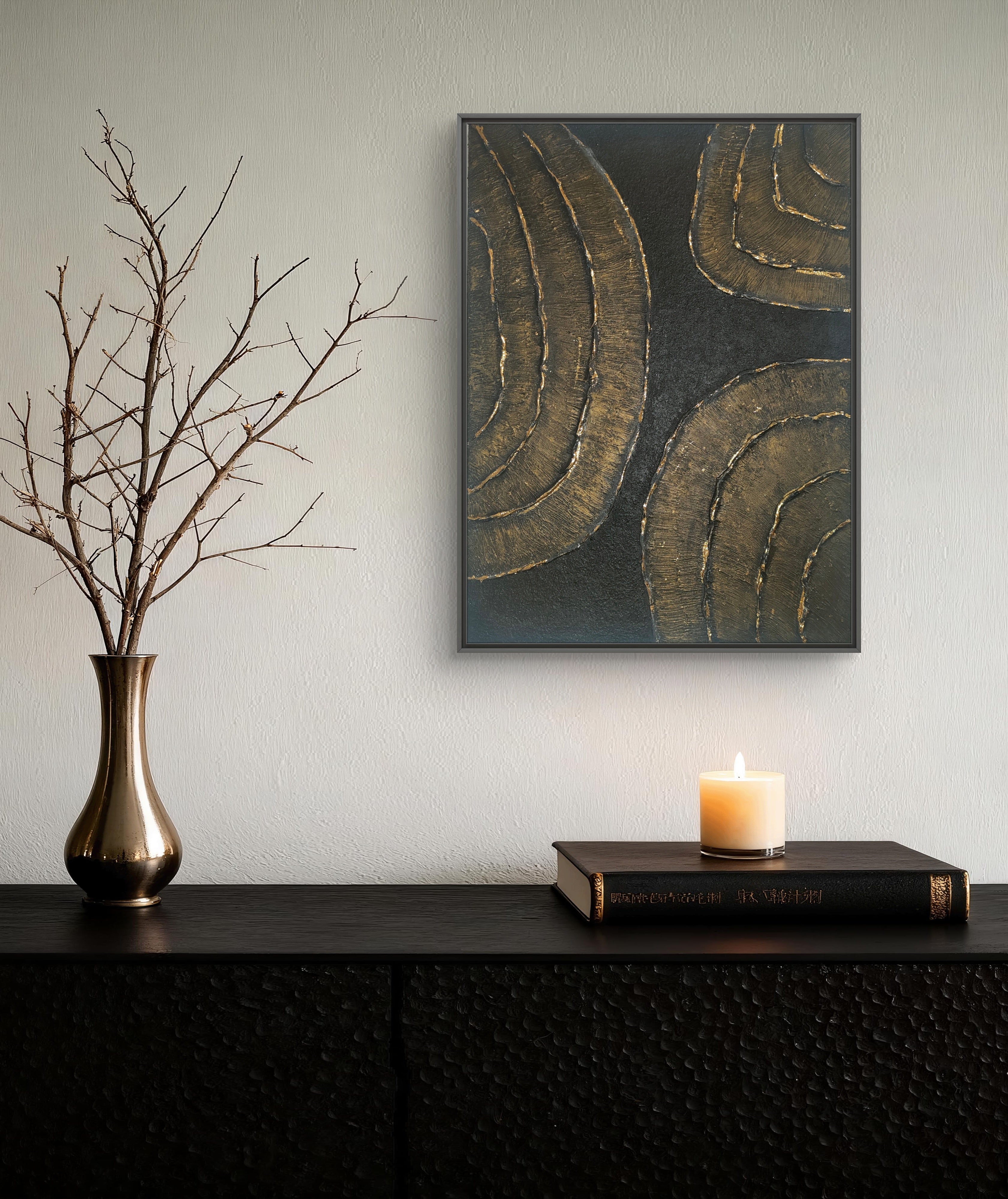 Tableau texturé noir or détail relief plâtre feuille d'or véritable LOEV