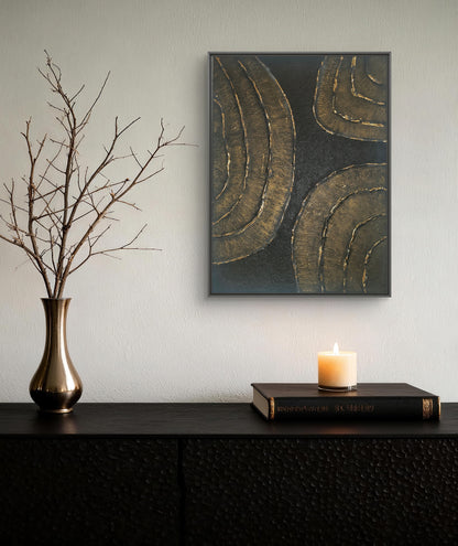Tableau texturé noir or détail relief plâtre feuille d'or véritable LOEV