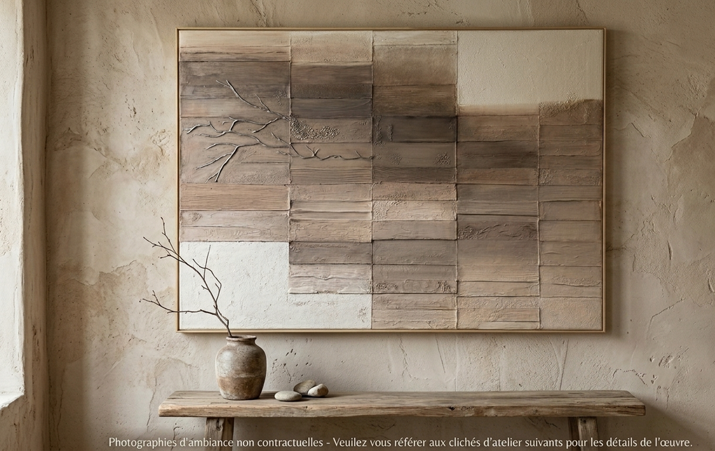 Tableau texturé grand format sur mesure – art mural en relief tons beige et bois dans une salle à manger – LOEV DECO