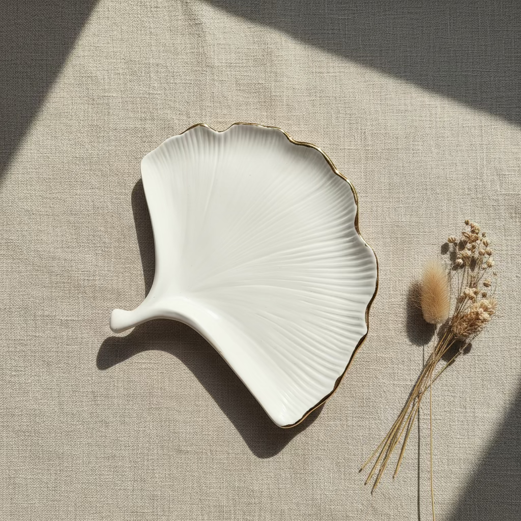 Plateau Décoratif Blanc et Or Forme Feuille - Vide-Poche Céramique