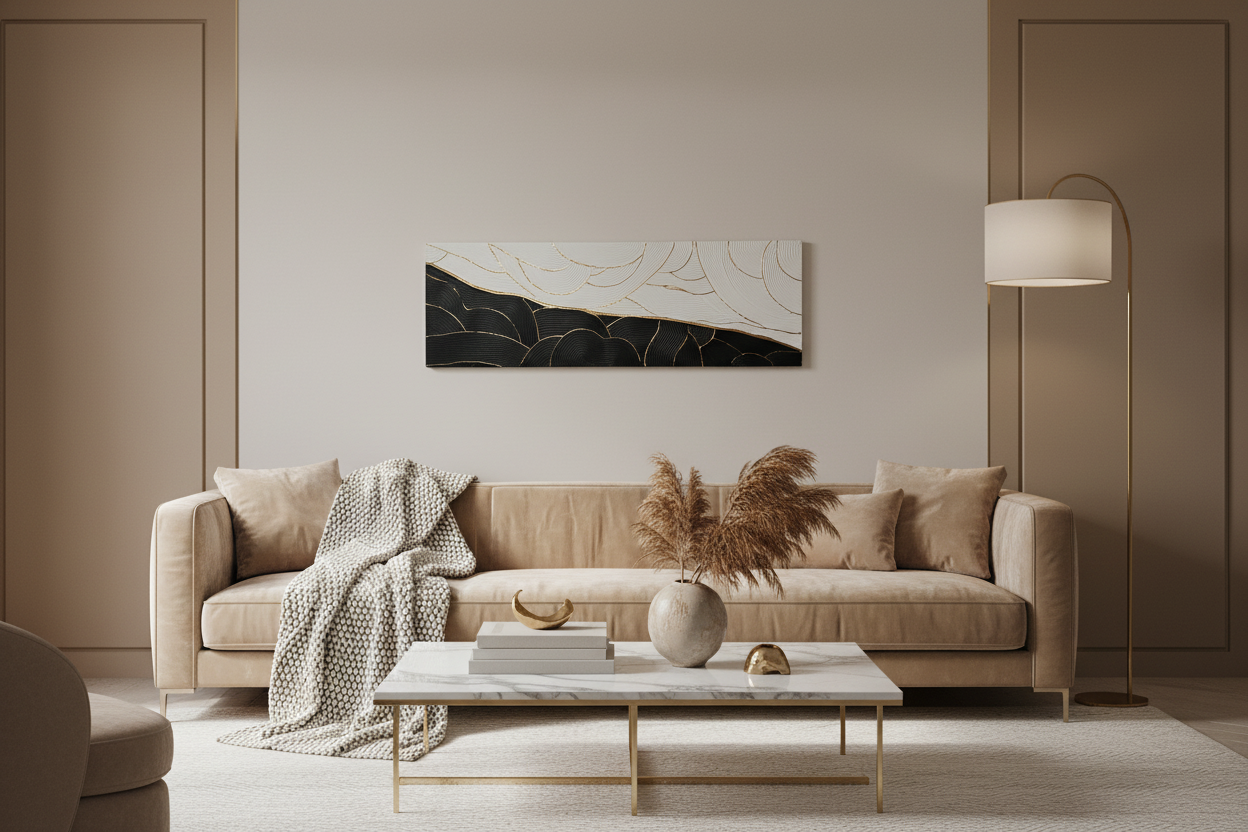 Tableau panoramique noir blanc or détail vagues relief feuille d'or 30x90cm