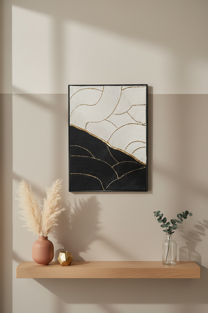 Tableau texturé noir blanc or vagues relief 30x40cm fait main LOEV DECO