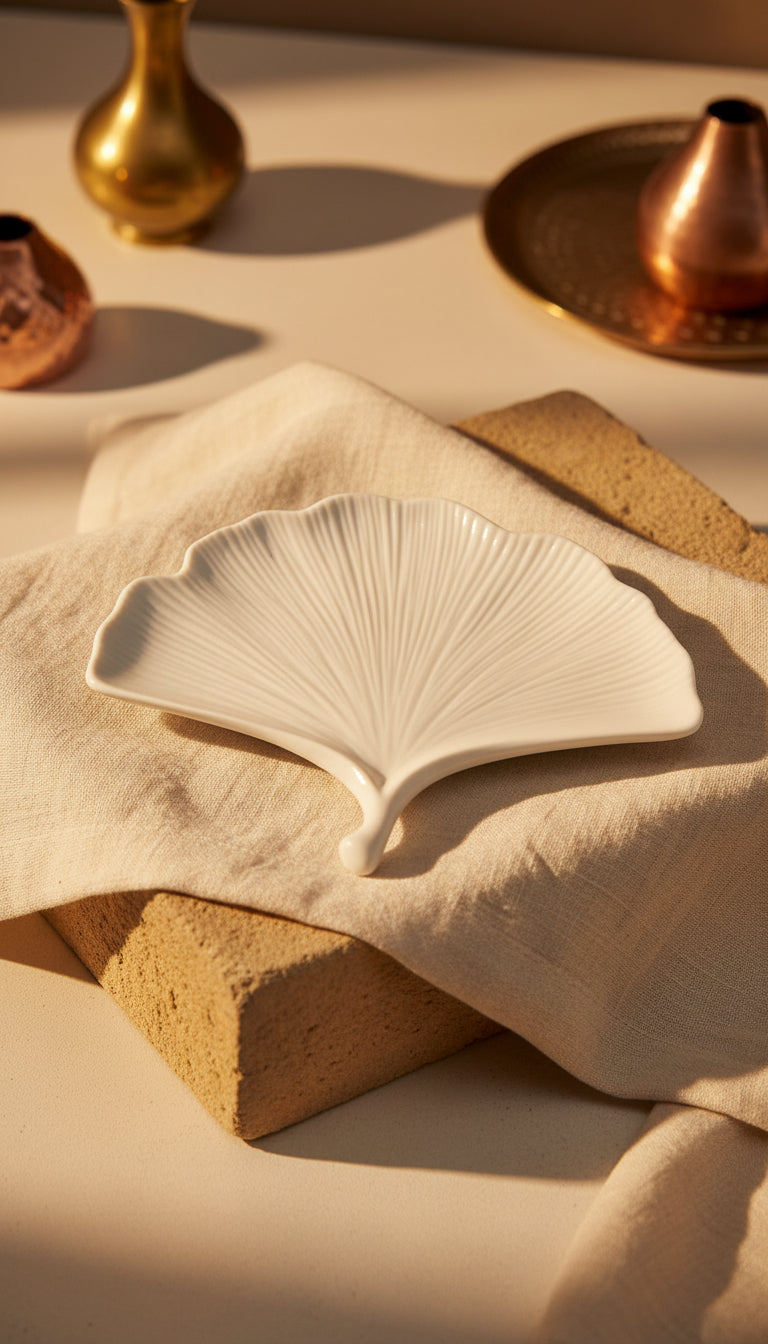 Plateau décoratif forme feuille en céramique blanche avec effet pailleté léger, 14,5 × 18 cm, fabriqué en France