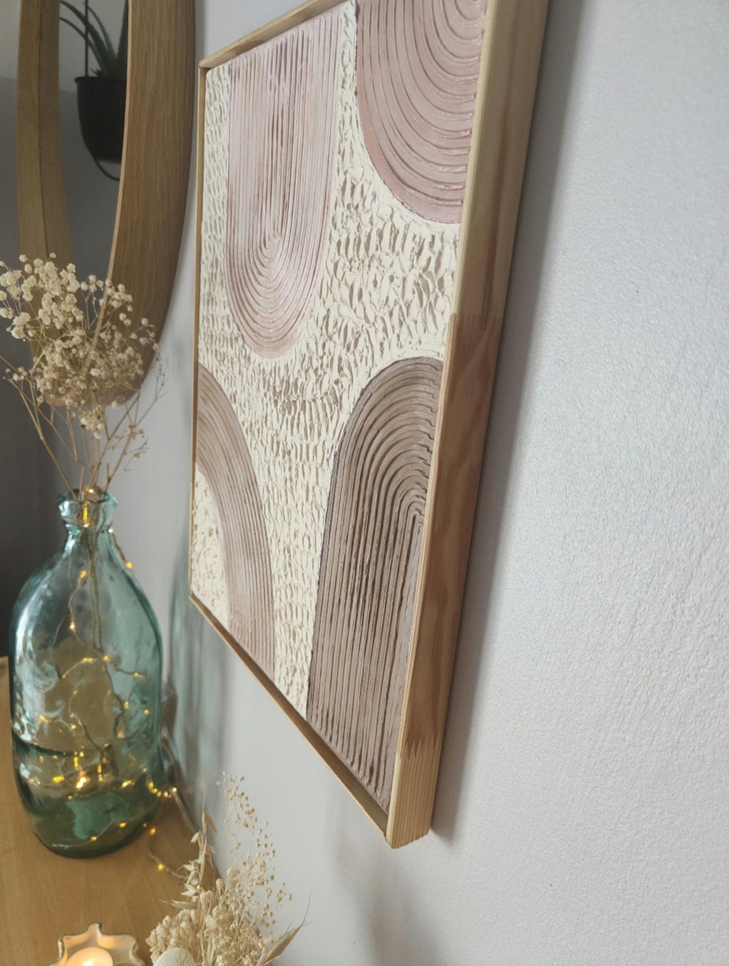 Tableau Texturé Arches Rose Beige Blanc - Relief Lignes - 30x40 cm - Cadre Sur Mesure Inclus