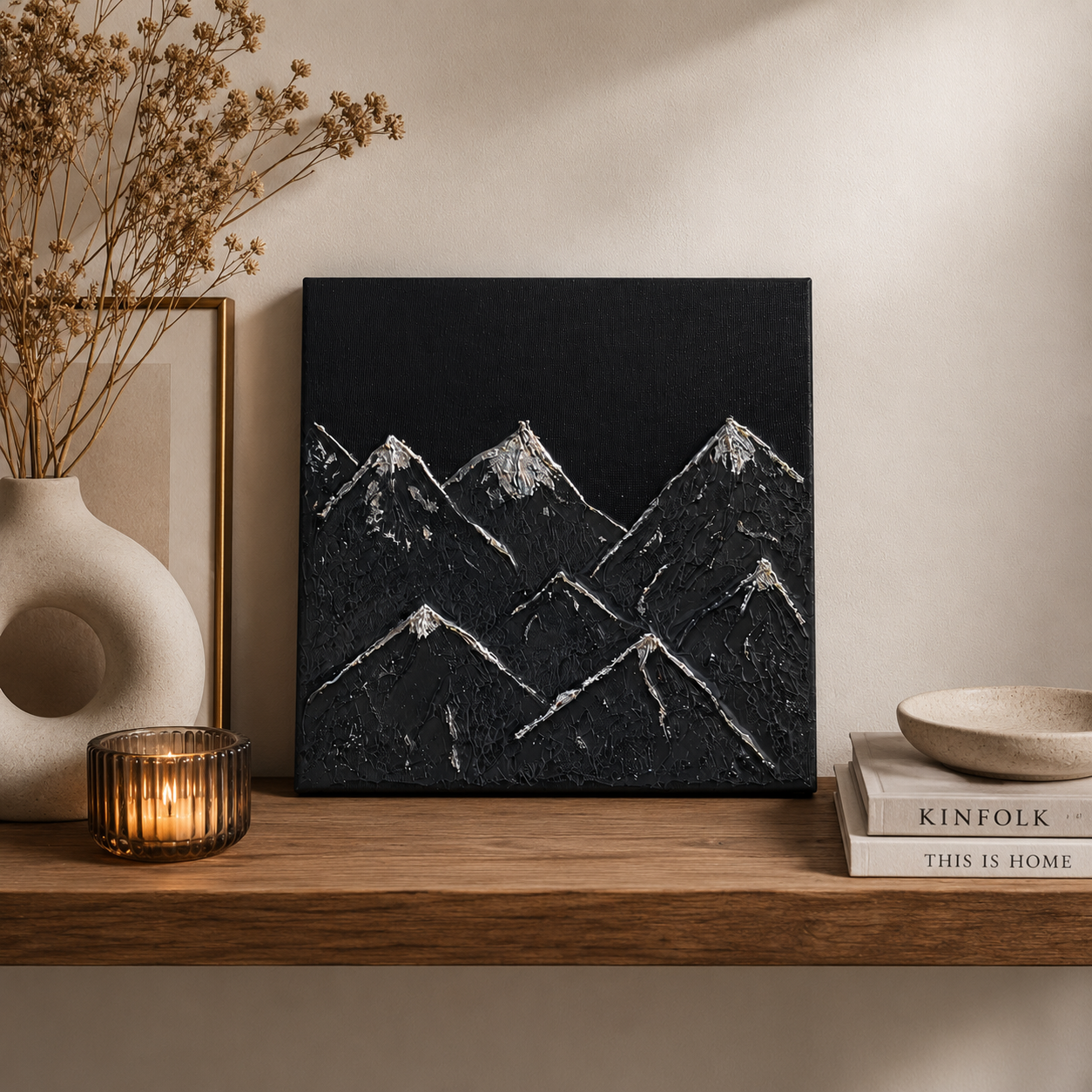 petite toile texturé montagne noir et argent - relief painting 20*20 cm fait main