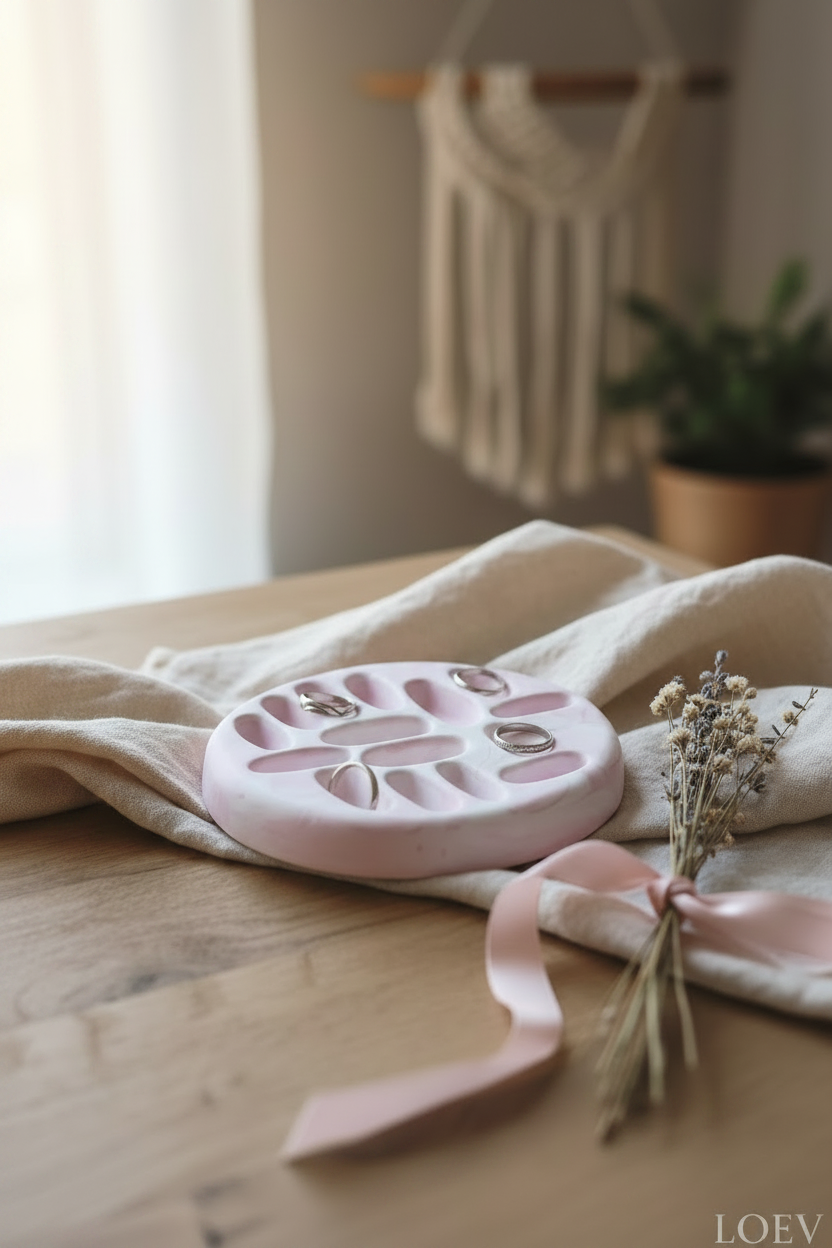 Porte-bagues céramique rose blush bagues intégrées - artisanal fait main France
