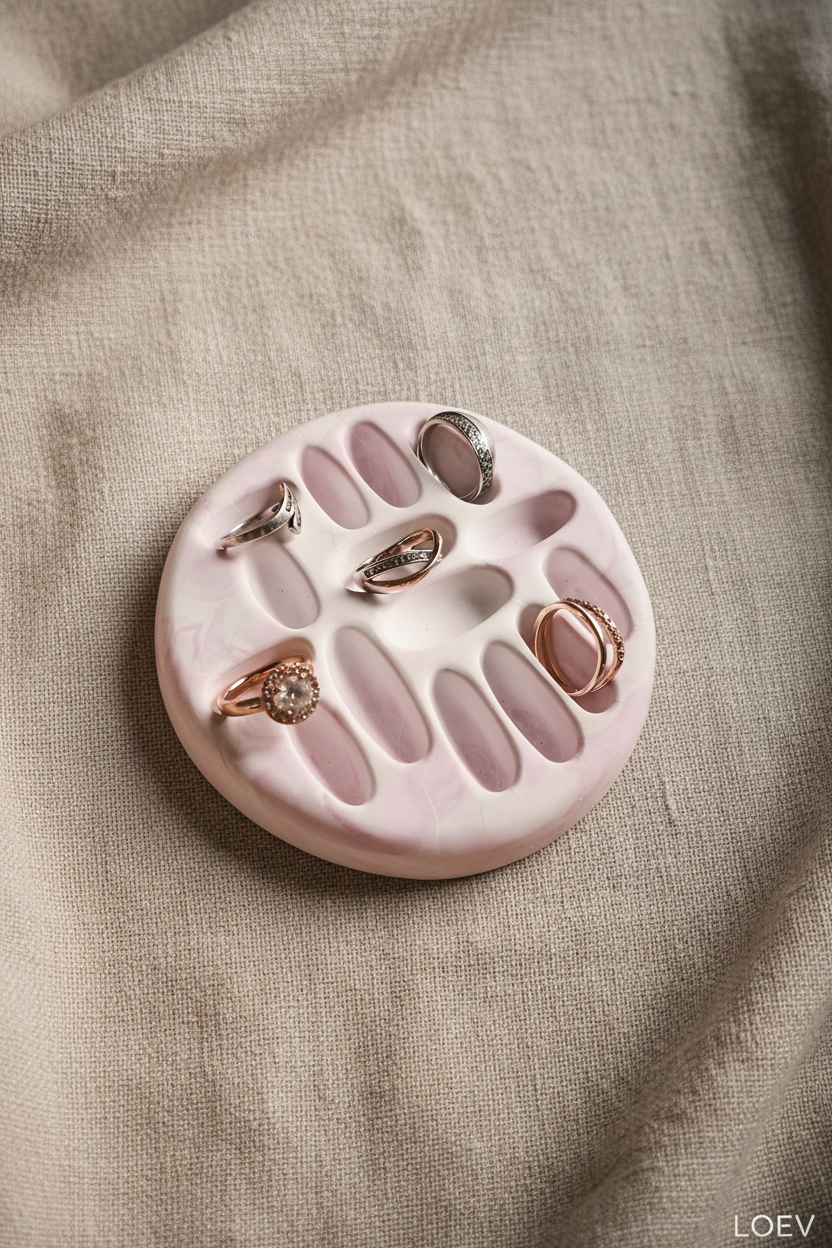 Porte-bagues céramique rose blush sur lin bohème - fait main France LOEV
