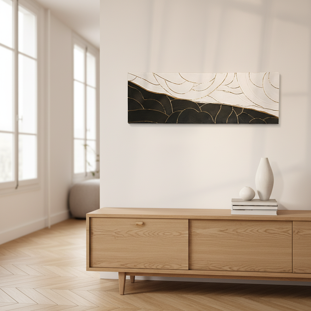 Tableau panoramique noir blanc or 30x90 cm - mise en scène appartement parisien LOEV DECO