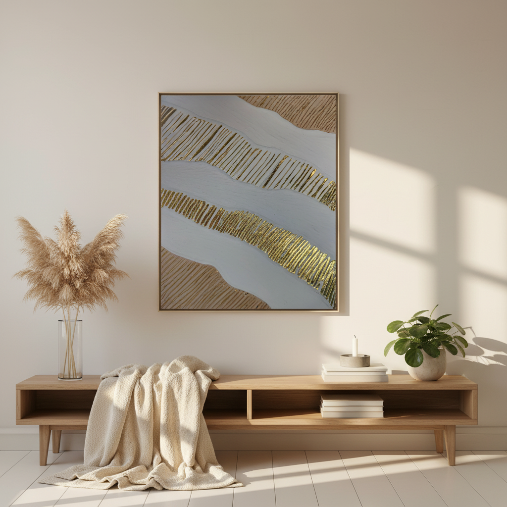 Tableau texturé blanc beige or relief artisanal 40x50cm encadré fait main LOEV DECO