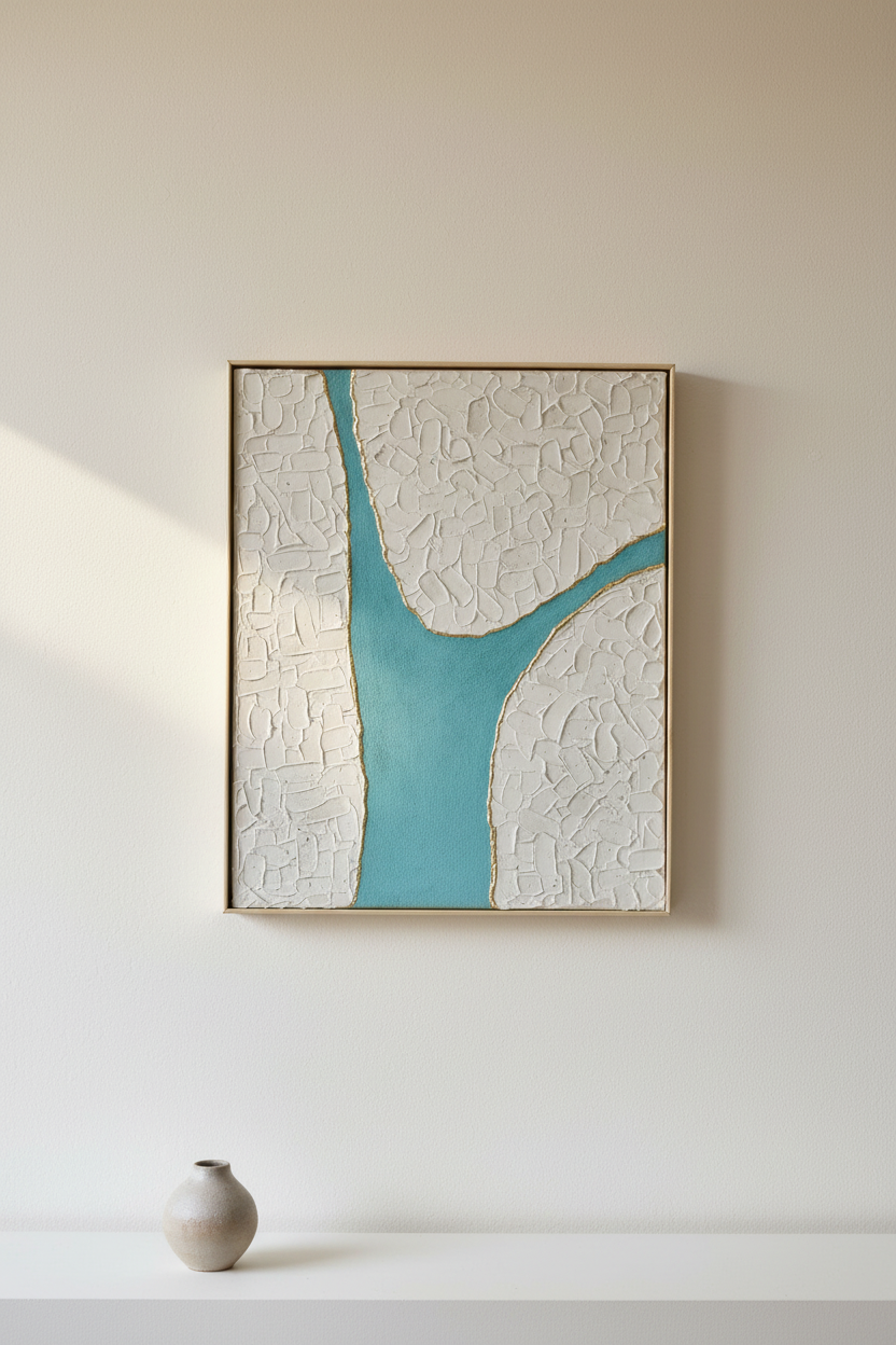 Tableau Blanc Turquoise Or  Texture et relief LOEV DECO