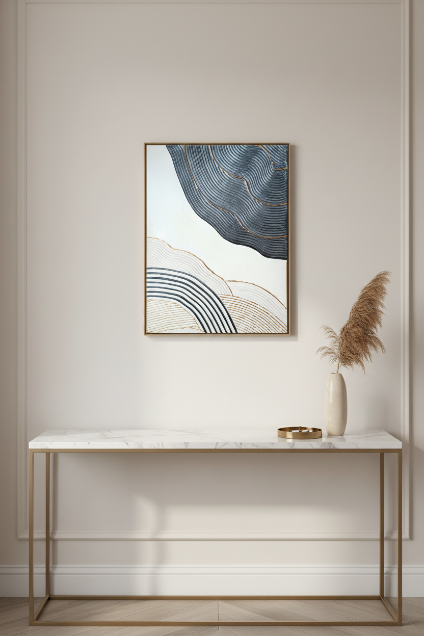 Tableau texturé bleu métallisé or relief 30x40 cm - entrée parisienne au-dessus console marbre LOEV DECO"