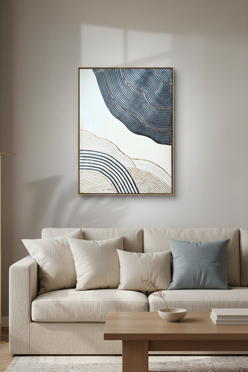 tableau texturé bleu métallisé blanc or 30x40 cm - salon contemporain canapé lin lumière naturelle LOEV DECO