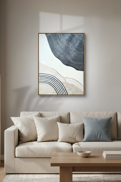 tableau texturé bleu métallisé blanc or 30x40 cm - salon contemporain canapé lin lumière naturelle LOEV DECO