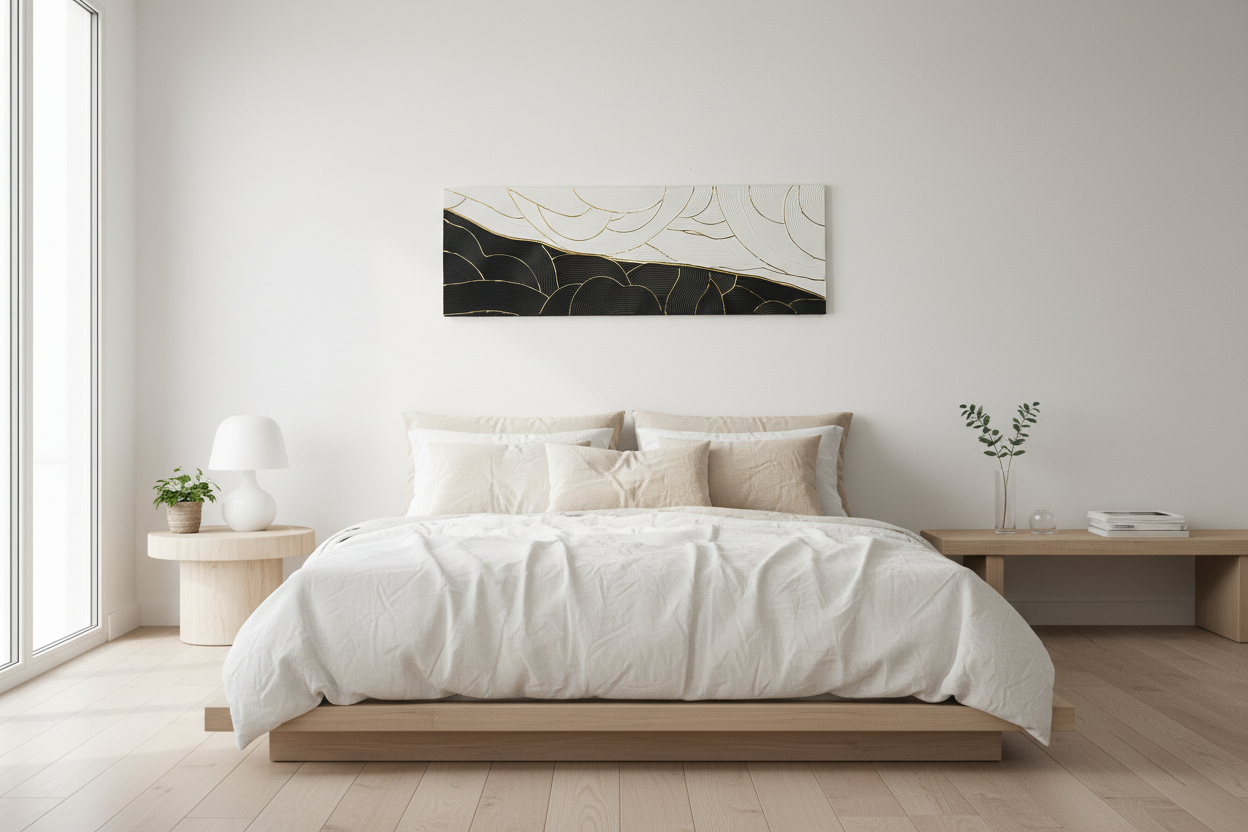 Tableau noir blanc or vagues relief 30x90 cm - orienté horizontal mise en situation salon LOEV DECO
