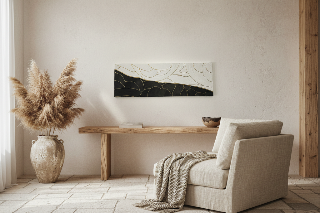 Tableau panoramique noir blanc or vagues relief 30x90 cm - orienté horizontal style wabi-sabi LOEV DECO