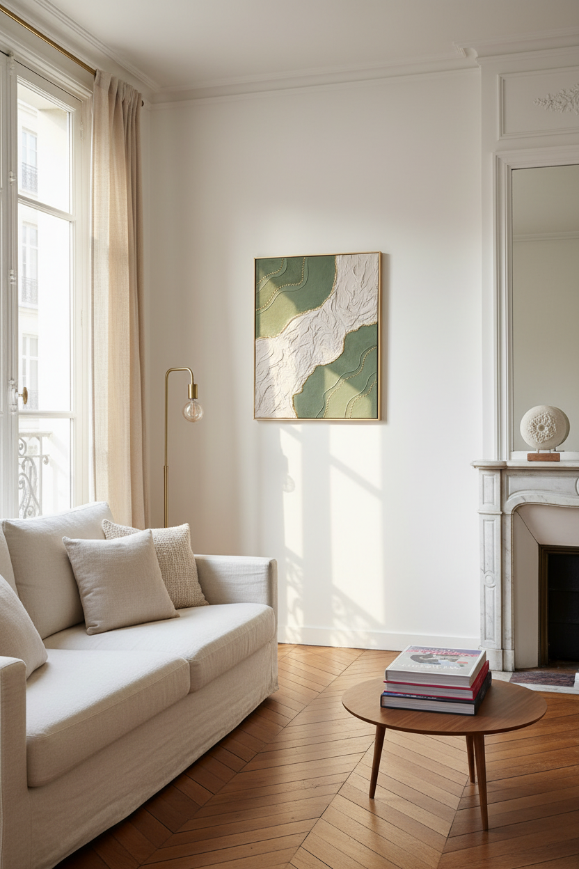 Tableau texturé vert kaki dans un appartement parisien, décoration murale artisanale – LOEV DECO