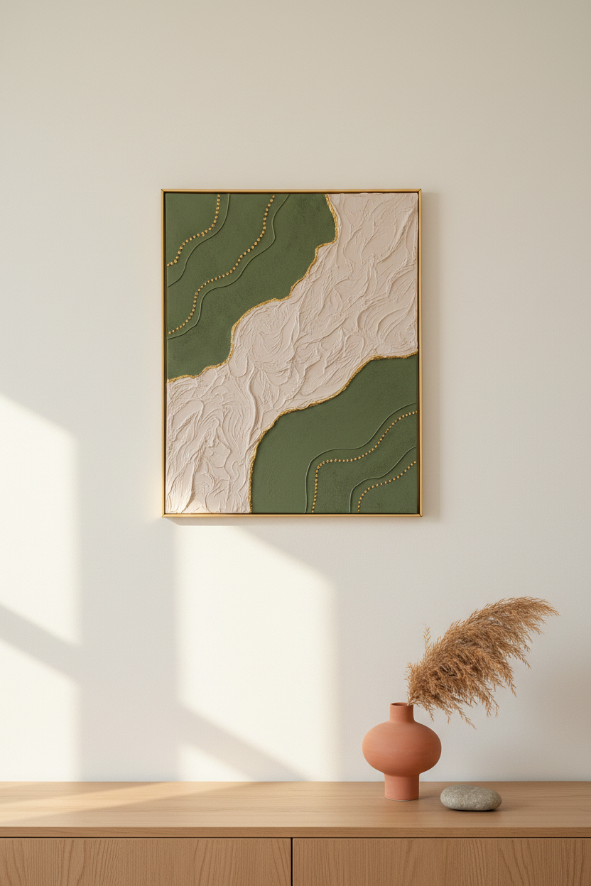 Tableau texturé vert kaki dans un intérieur bohème épuré – LOEV DECO