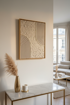 Tableau beige or relief artisanal 30x40cm texture fait main France LOEV
