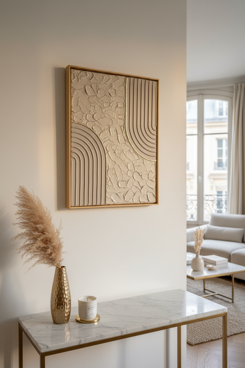 Tableau beige or relief artisanal 30x40cm texture fait main France LOEV