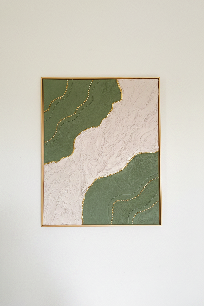 Tableau relief vert kaki et or, détail texture artisanale, 40x50 cm – LOEV DECO