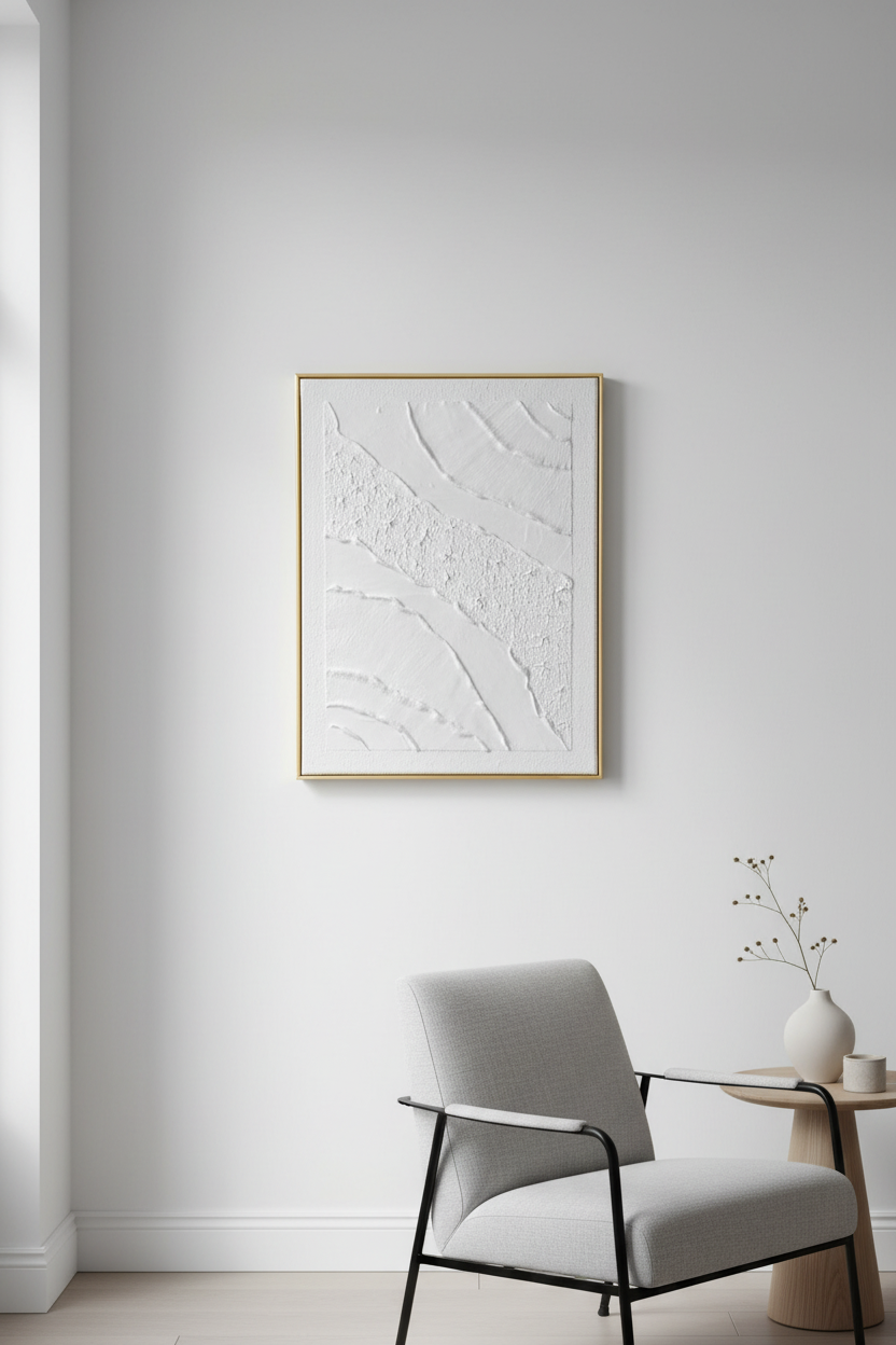 Tableau moderne relief blanc, texture 3D encadrement sur mesure