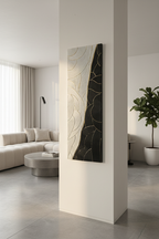 Tableau texturé noir blanc or vagues relief 30x90 cm - installé en vertical retour de mur LOEV DECO