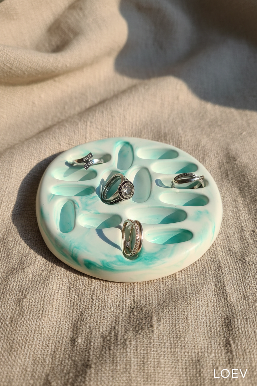 Porte-bagues céramique turquoise sur lin bohème - fait main France LOEV
