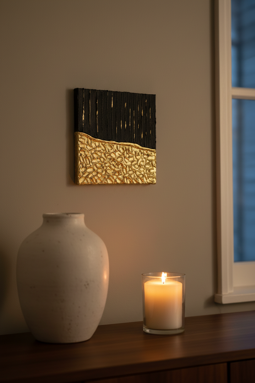 Nuit Dorée — Toile Texturée Originale Faite Main 20x20 cm